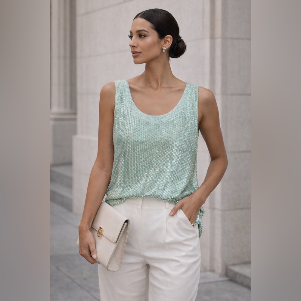 Vintage hand beaded sequin sleeveless blouse Seafoam green blue size medium